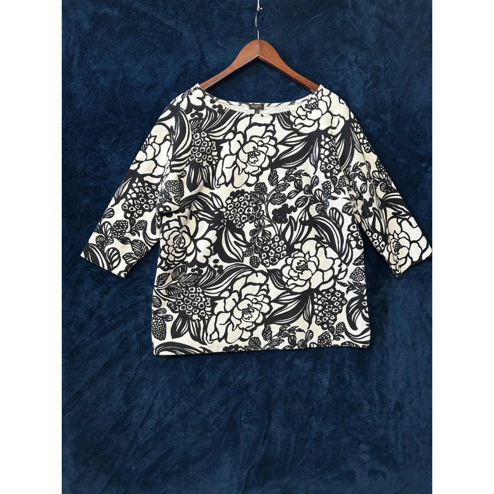 Talbots Womens Graphic Floral Top Size 1X Black White Ribbed Office Casual
